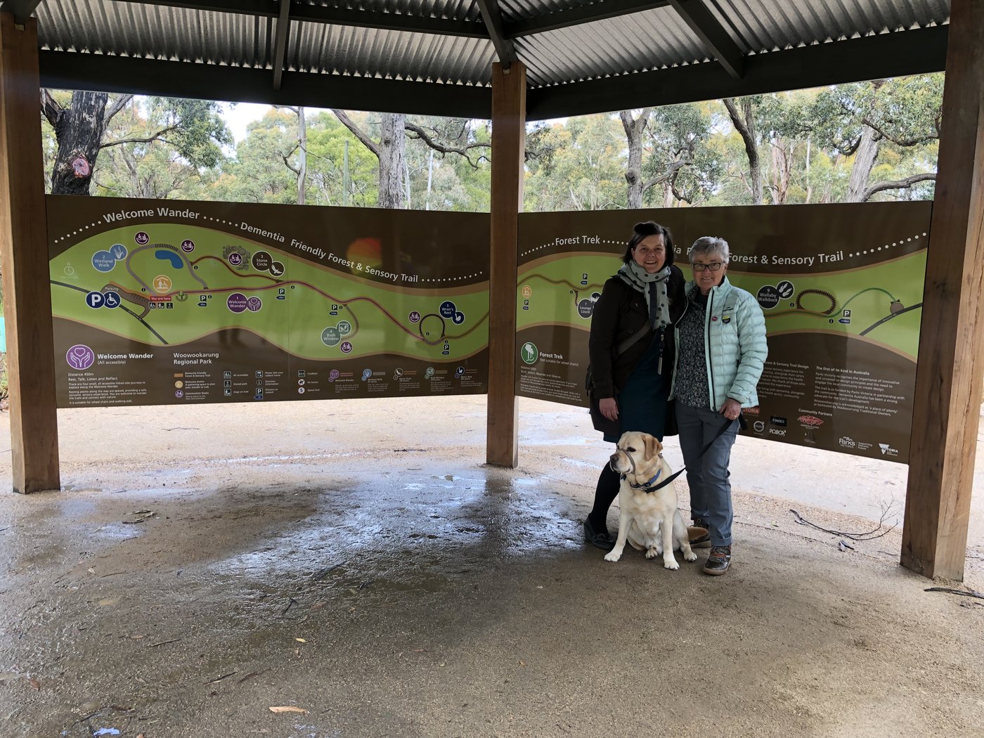 Two women with a dementia assistance dog standing in front of the large Welcome Wander and Forest Trek information boards at the entrance to the Woowookarung Dementia-Friendly Forest and Sensory Trail. The trail map and station names are visible behind them.